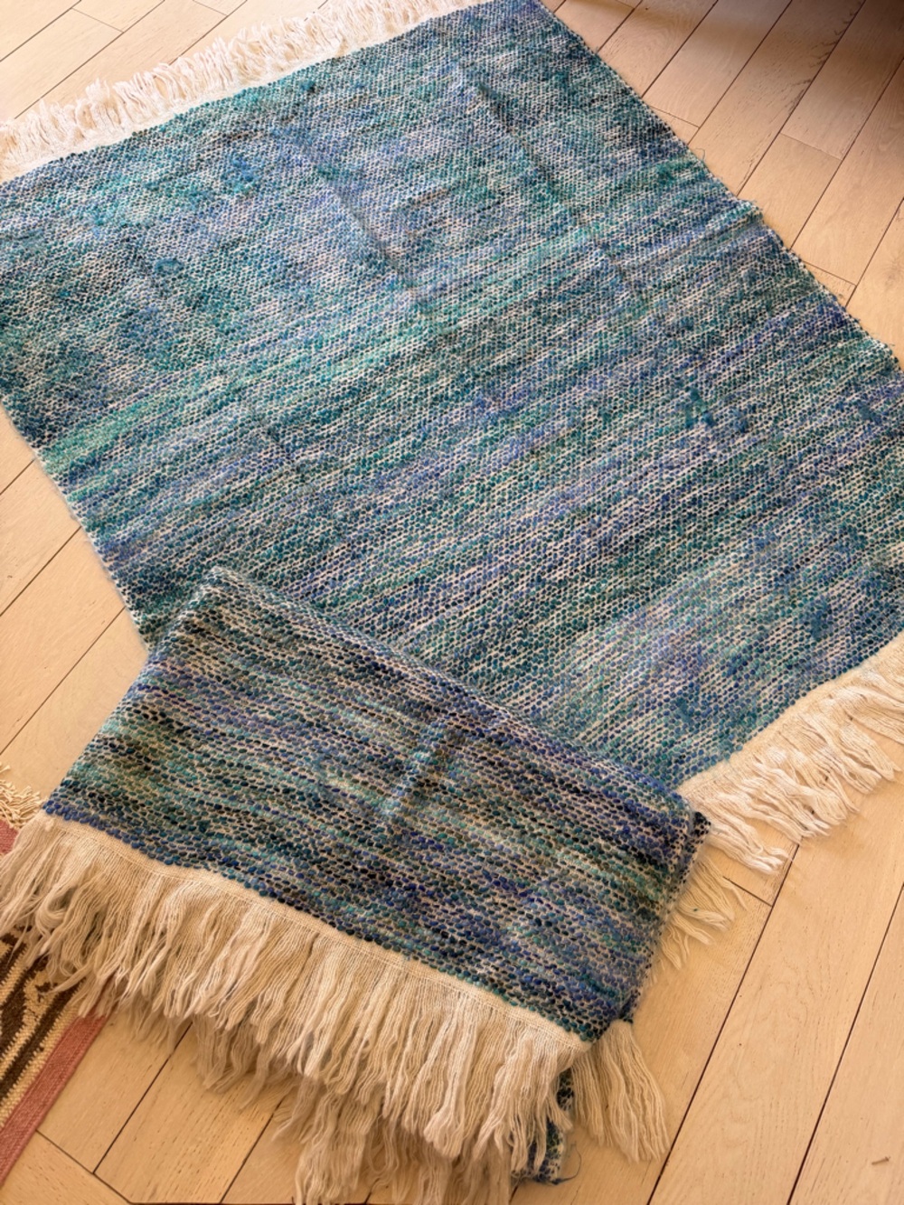 Anthropologie Blue Green Multicolor Woven Fringe Throw Blanket